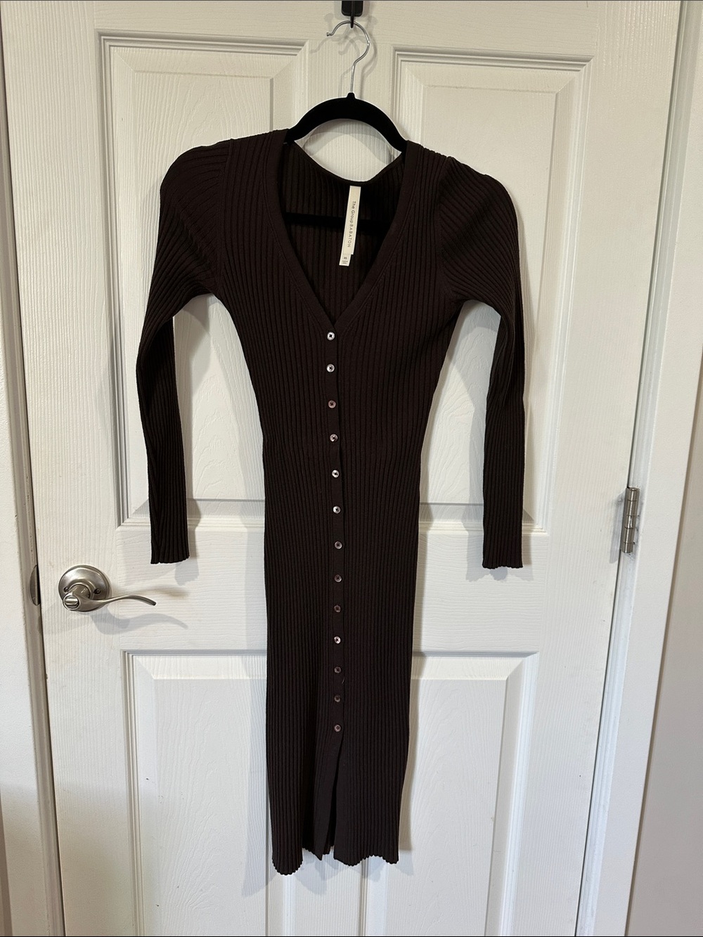 Babaton Chocolate Brown Ribbed Button-Front Midi Dress